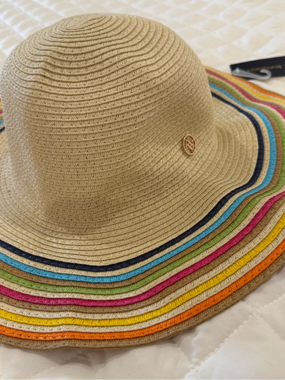 Adrienne Vittadini NWT Straw Sun Hat Multi Color Stripe Wide Brim Floppy Hat Boh